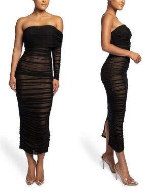 JLUXLABEL Strapless One-Sleeve Ruched Midi Dress in Black Size S